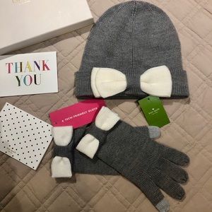 Kate Spade Hat + Gloves set grey white bow